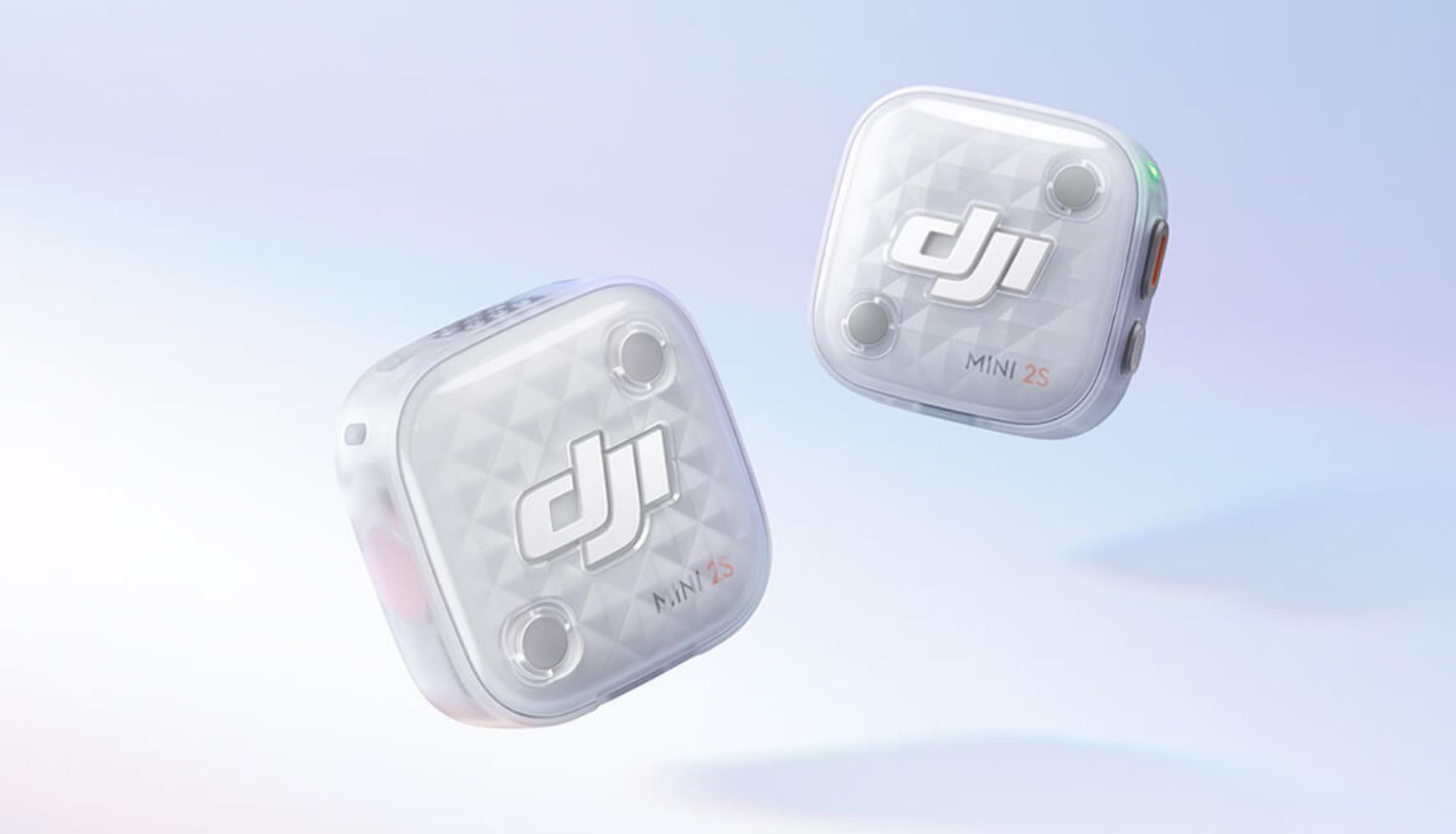 DJI Mic Mini 2S transmitter close-up with mode selector and recording indicator