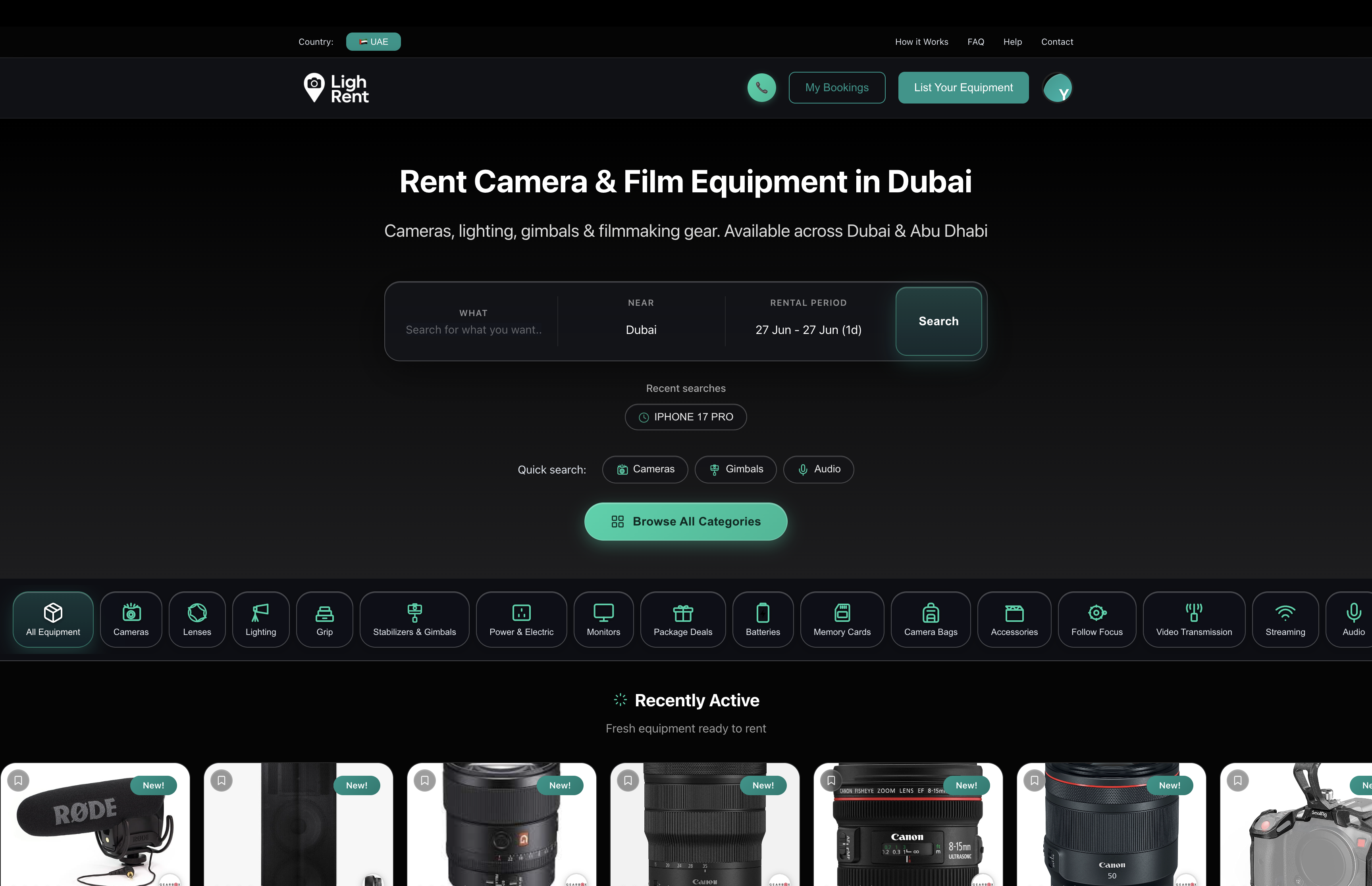 LighRent Dubai marketplace homepage