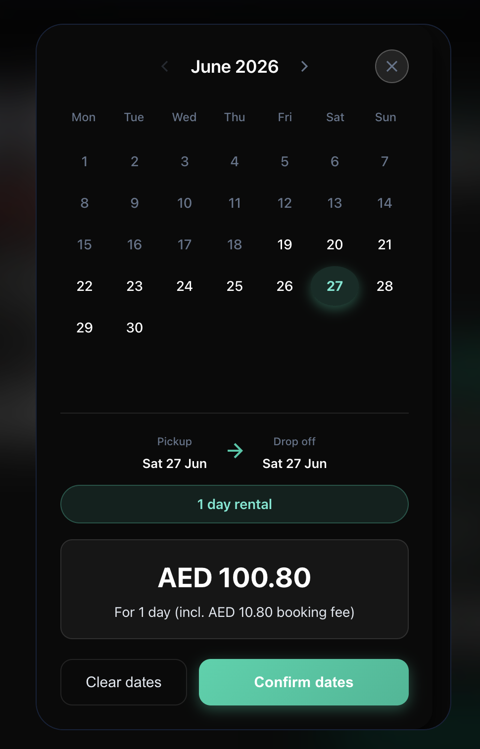 Booking calendar with AED total on LighRent