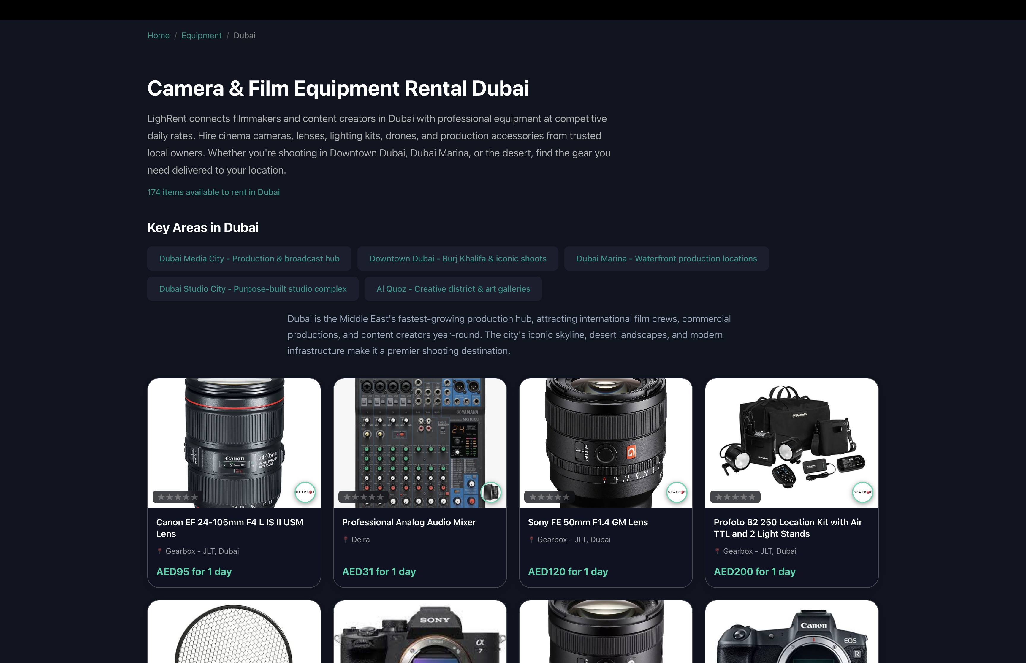 Camera and film equipment rental landing page for Dubai