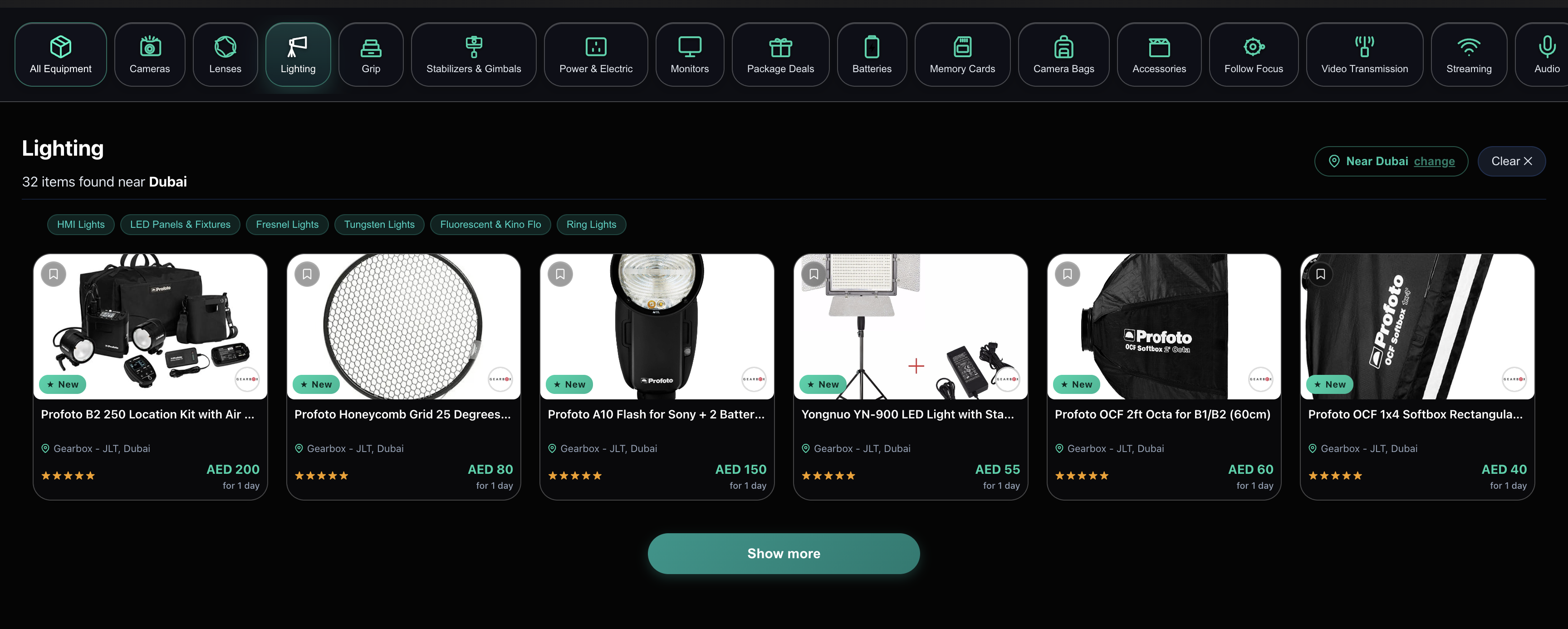 Browse lighting equipment to rent in Dubai